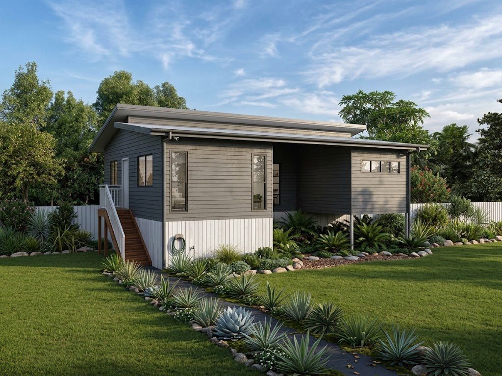 Australian House Design Group GF3001 granny flat exterior view showing modern design and compact layout.