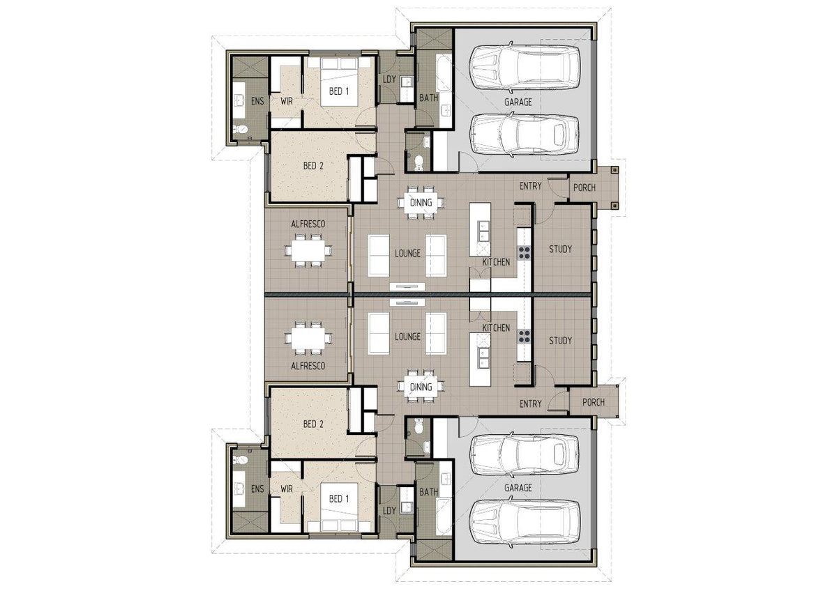 Australian House Design Group D2001 duplex floor plan showcasing interior layout and architectural details.