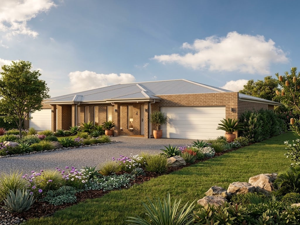 Australian House Design Group D2001 duplex showcasing modern architecture with a stylish facade and landscaped front yard.