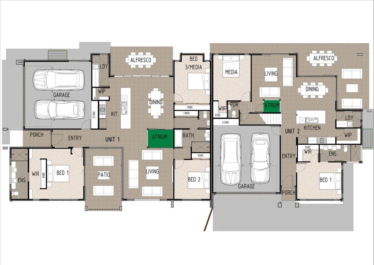 Australian House Design Group D3002 duplex plan showcasing a modern front exterior with sleek architectural features.