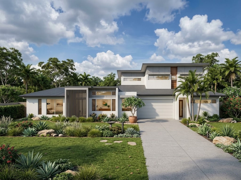 Australian House Design Group D3002 duplex architectural plan showing exterior elevation and detailed design features.
