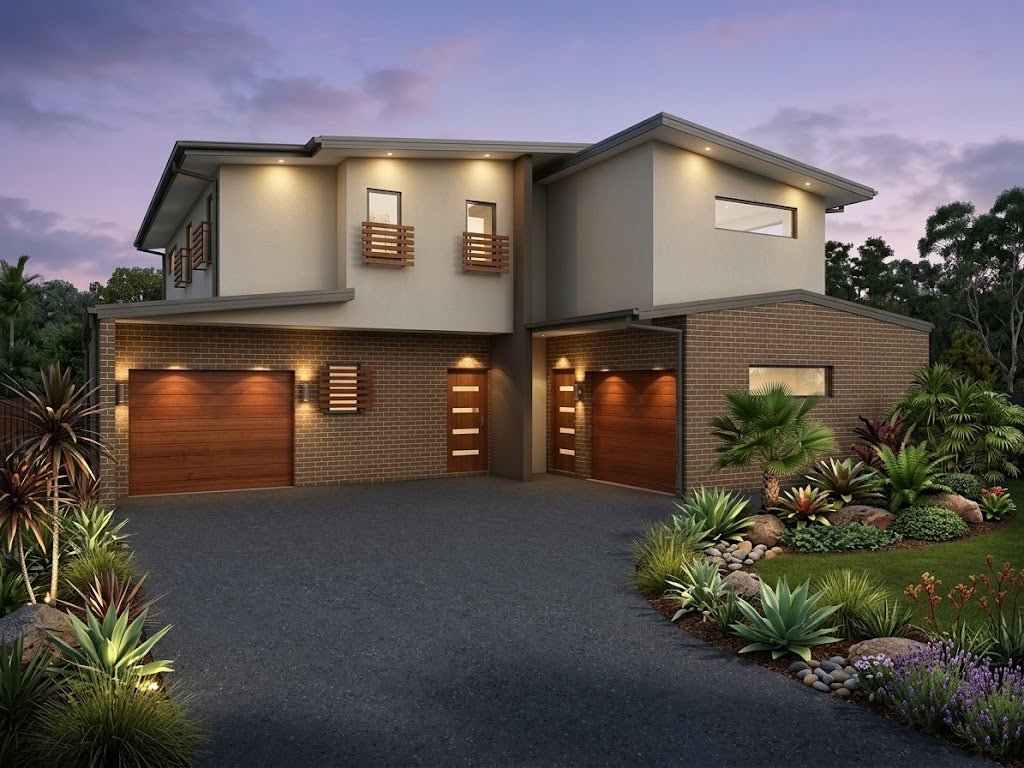Duplex house design by Australian House Design Group with modern architecture, featuring large windows and a landscaped front yard.