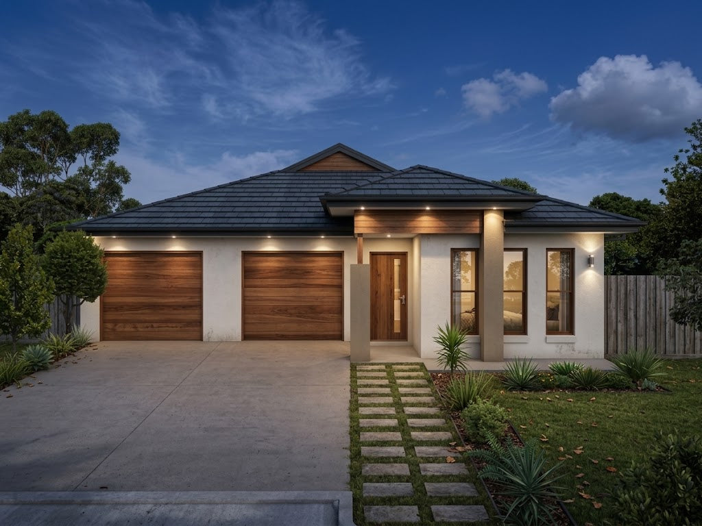 Australian House Design Group D4001 duplex exterior showcasing modern architecture and landscaped front yard.