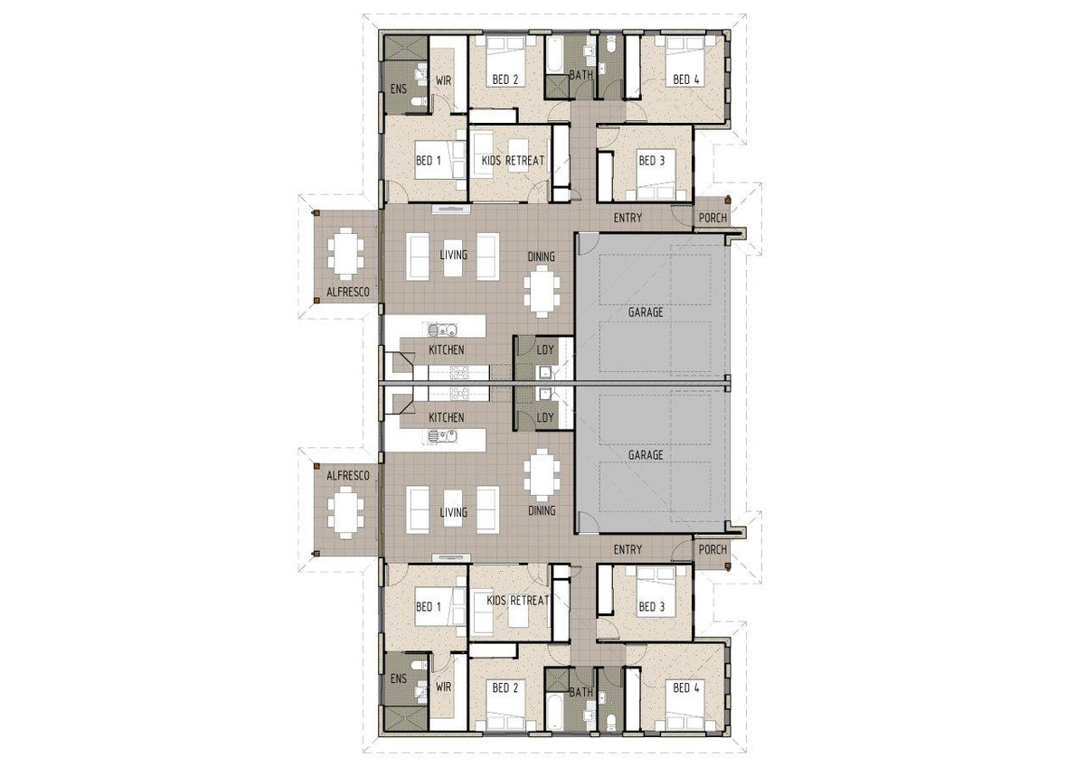 Australian House Design Group D4004 duplex floor plan illustrating room layout and detailed architectural line drawing.