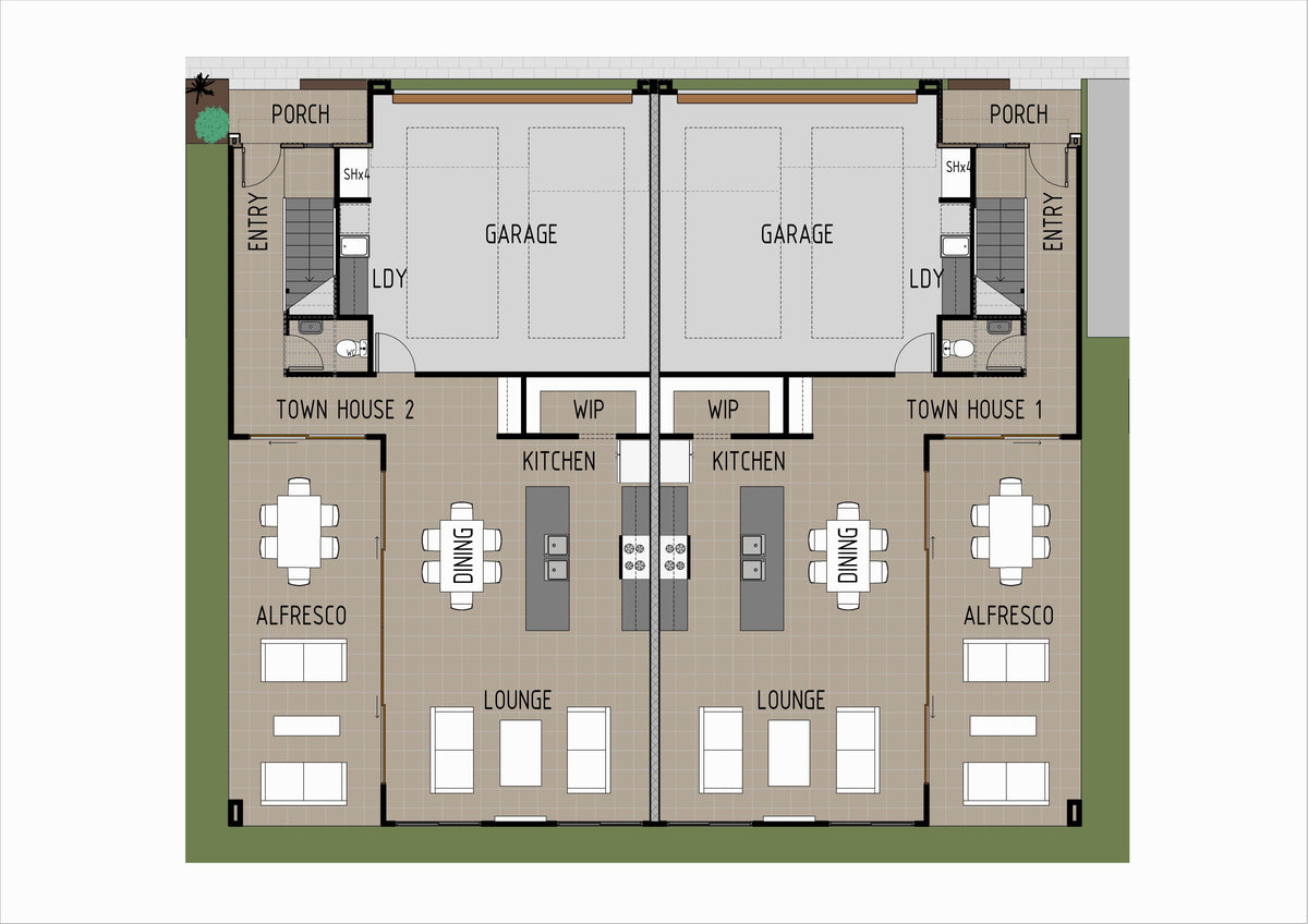 D4005 duplex house design by Australian House Design Group, showcasing a detailed front view of the modern duplex layout.