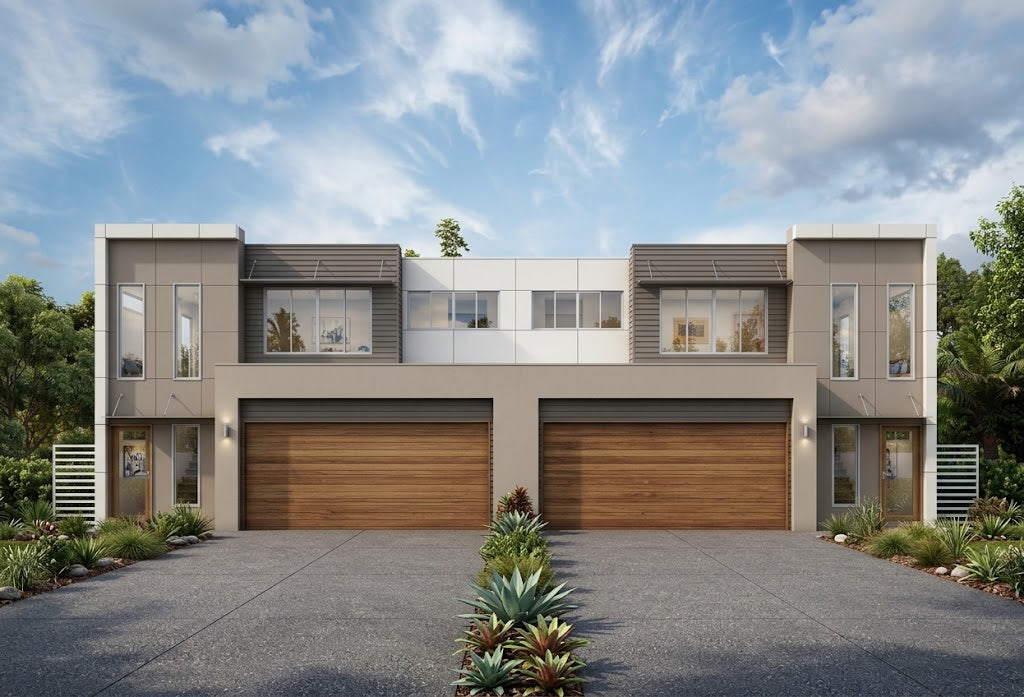 Australian House Design Group D4005 duplex exterior showcasing modern architecture and landscaped front yard.