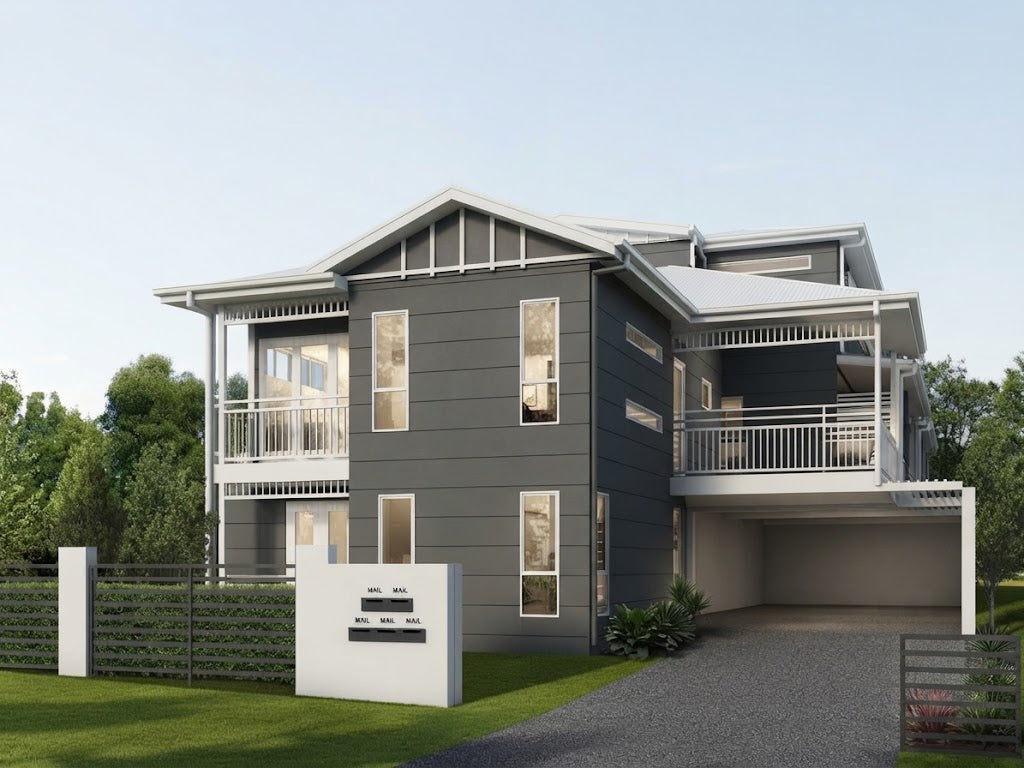 Australian House Design Group UD5001 unit development in a residential neighborhood, showcasing modern architecture and landscaped surroundings.