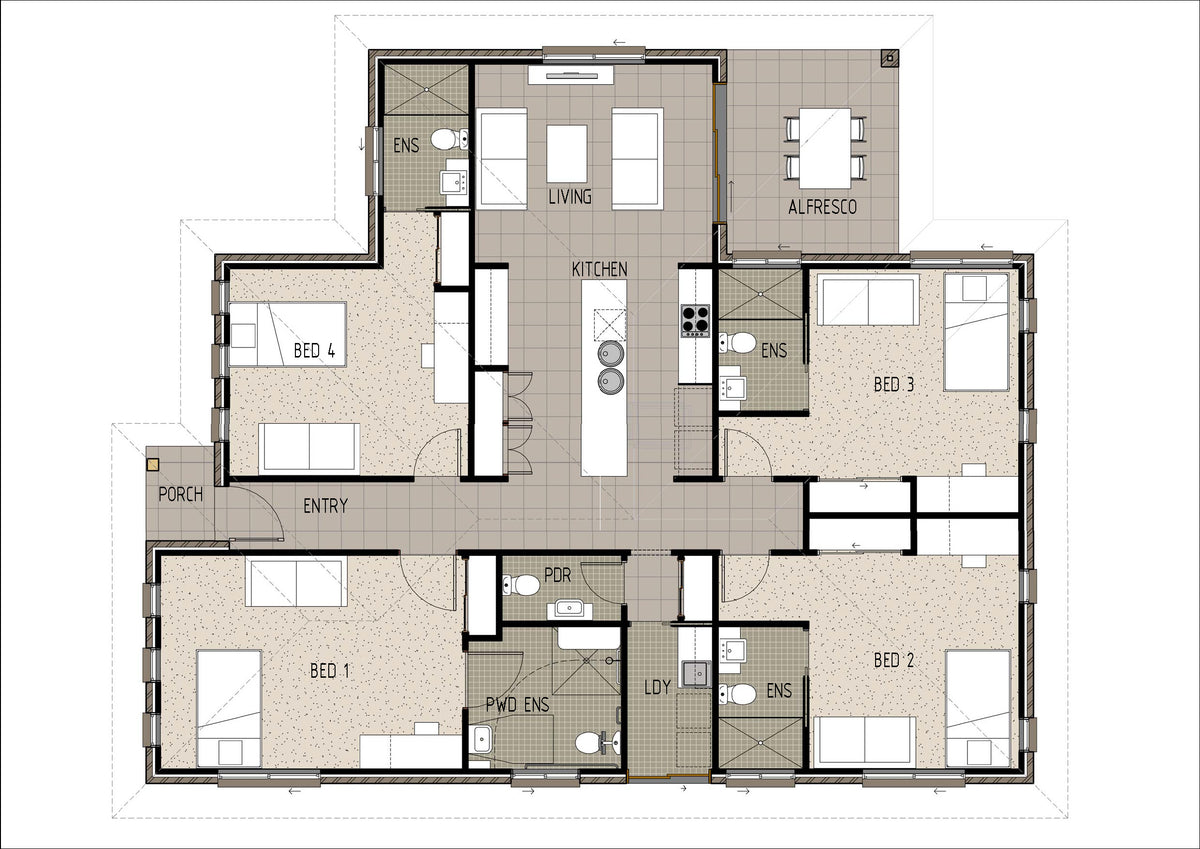 Interior view of a modern rooming accommodation designed by Australian House Design Group, featuring contemporary decor and comfortable furnishings.