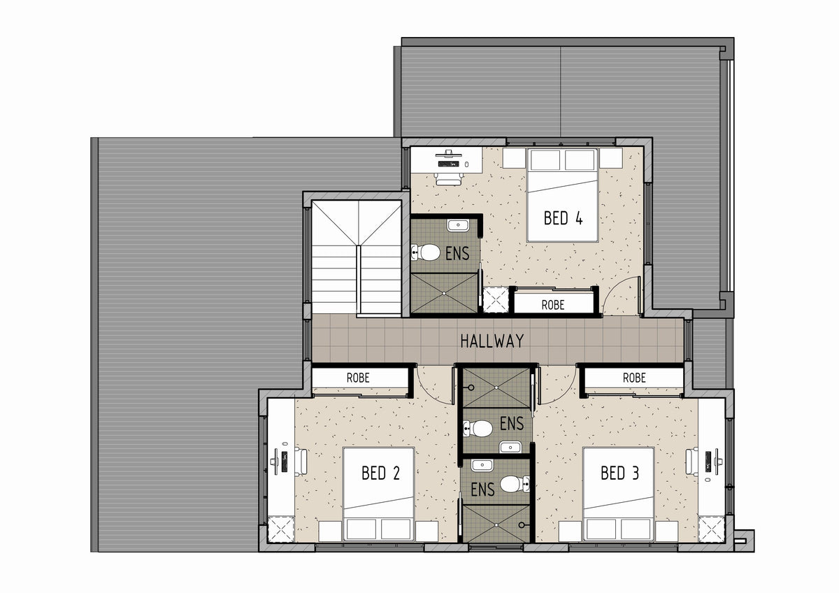 Interior view of a modern rooming accommodation designed by Australian House Design Group, featuring contemporary furnishings and layout.