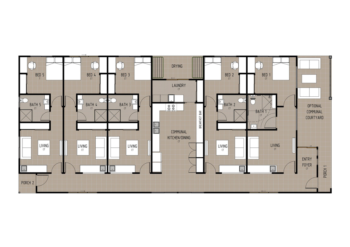 Interior view of a modern rooming accommodation unit by Australian House Design Group, featuring a cozy bedroom with contemporary furnishings.