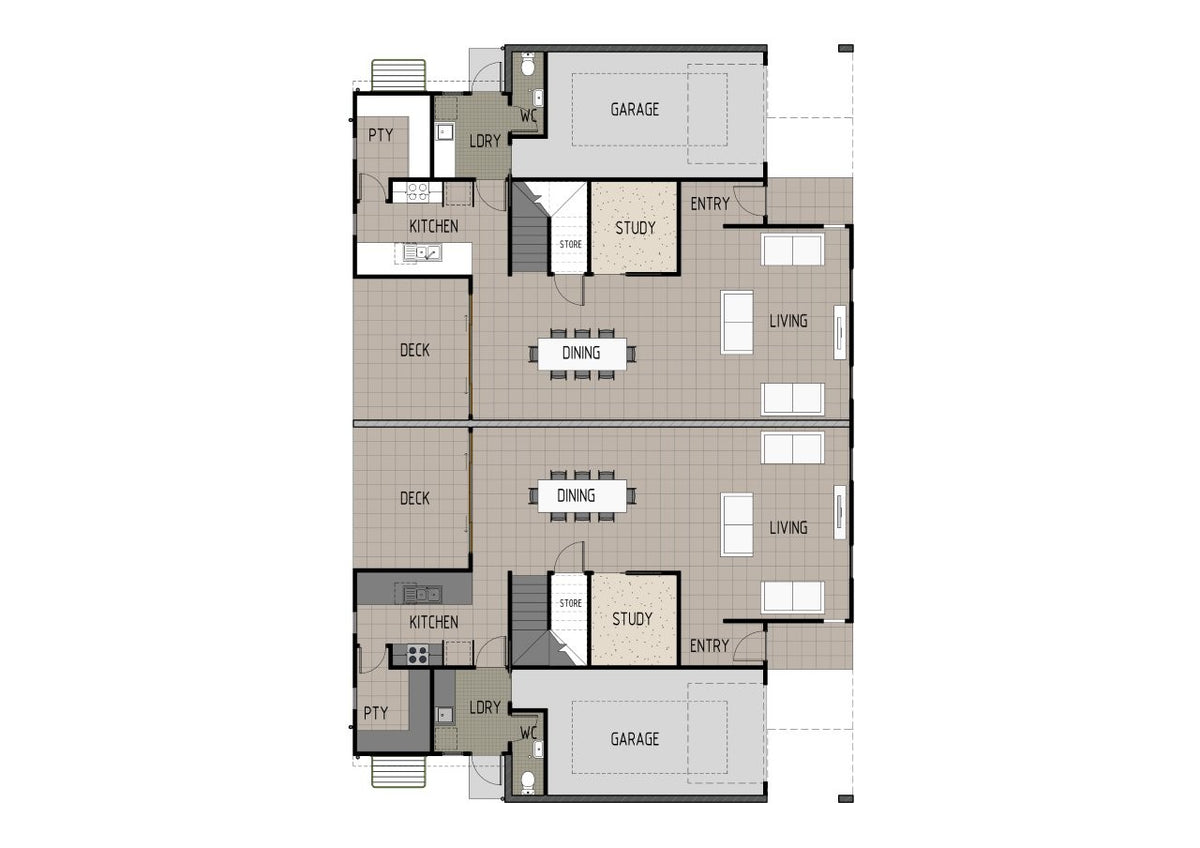 Australian House Design Group D3005 duplex with modern exterior, featuring two attached homes with contemporary architecture.