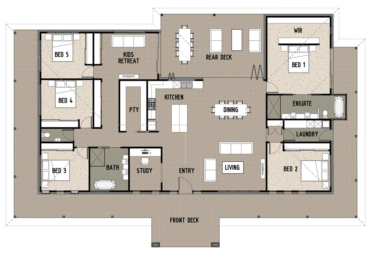 A5001 Australian House Design Group acreage floor plan showcasing a spacious residential layout with detailed room arrangements.