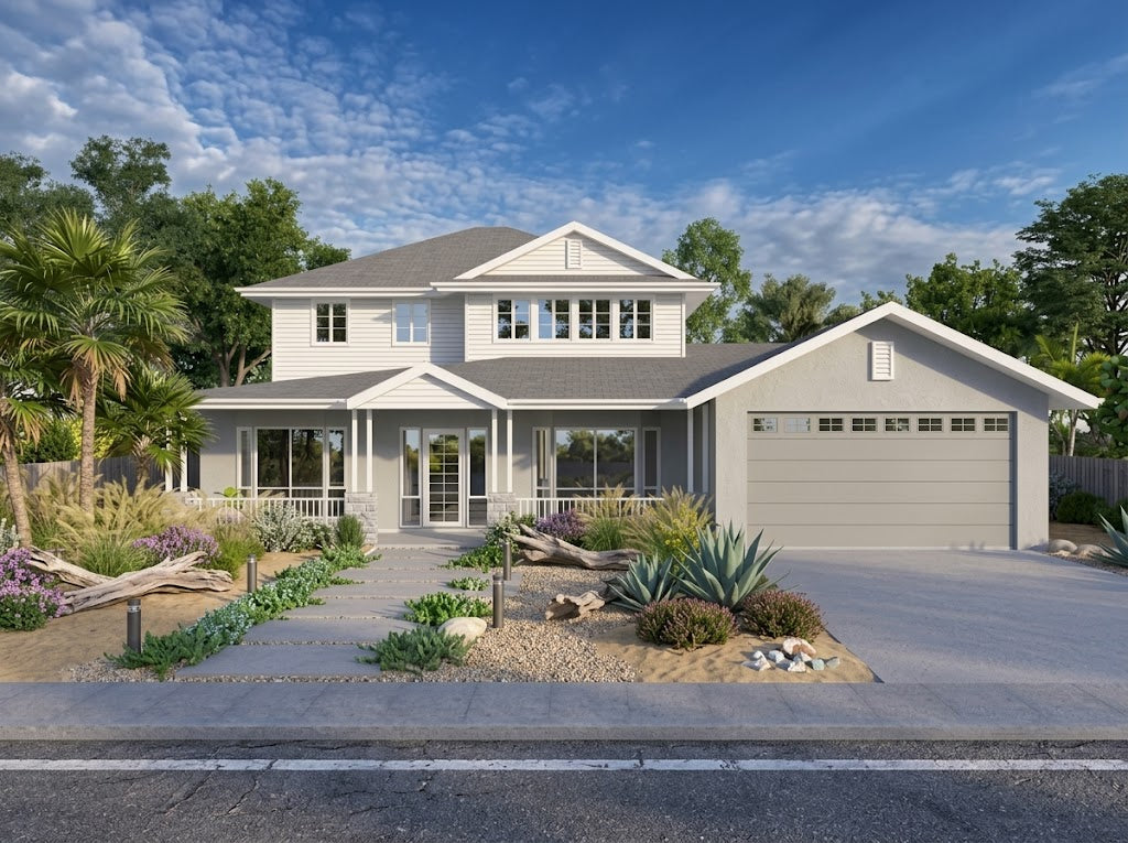 Australian House Design Group Hamptons H4005-B exterior with white siding, black window frames, and classic Hamptons style architecture.