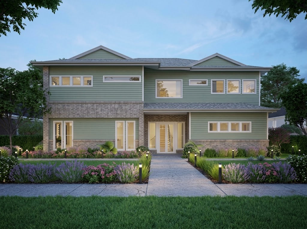 Hamptons-style house exterior by Australian House Design Group, featuring elegant architectural details and a landscaped yard.