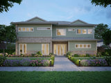 Hamptons-style house exterior by Australian House Design Group, featuring elegant architectural details and a landscaped yard.