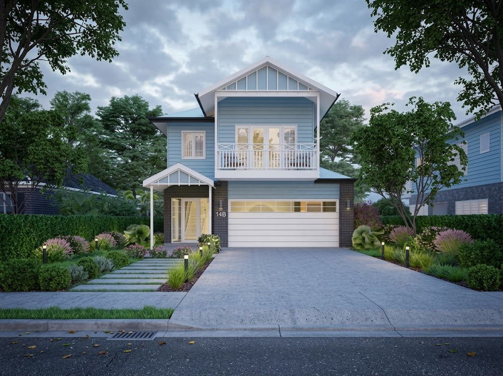 Australian House Design Group H4016 Hamptons style exterior with white siding, large windows, and classic coastal architectural details.