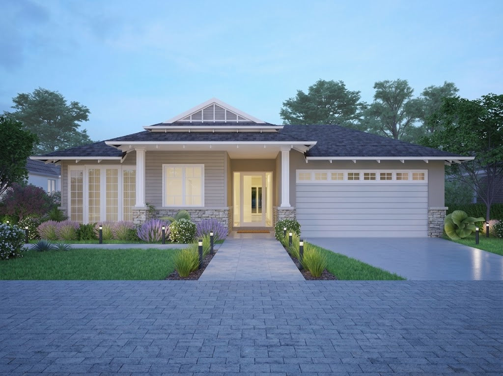 Australian House Design Group H4027 Hamptons style exterior with white siding and large windows showing a welcoming front facade.