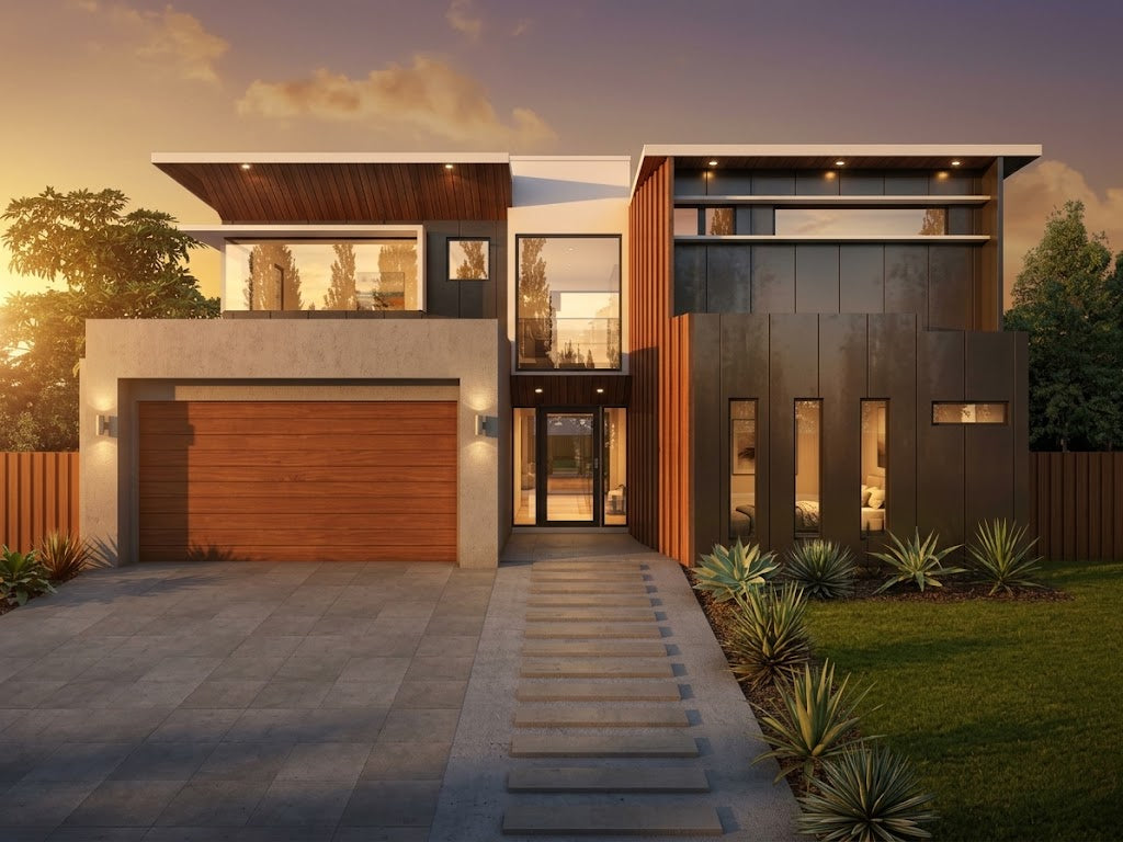 Modern house design rendered image featuring sleek architectural lines and contemporary style by Australian House Design Group.