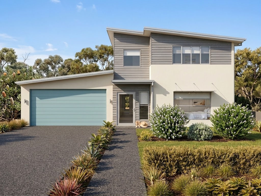 Modern architectural render of the M5007-B design by Australian House Design Group, showcasing sleek lines and contemporary style.