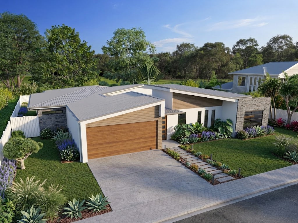 Modern Australian House Design M5028 exterior view showcasing contemporary architecture and stylish facade details.