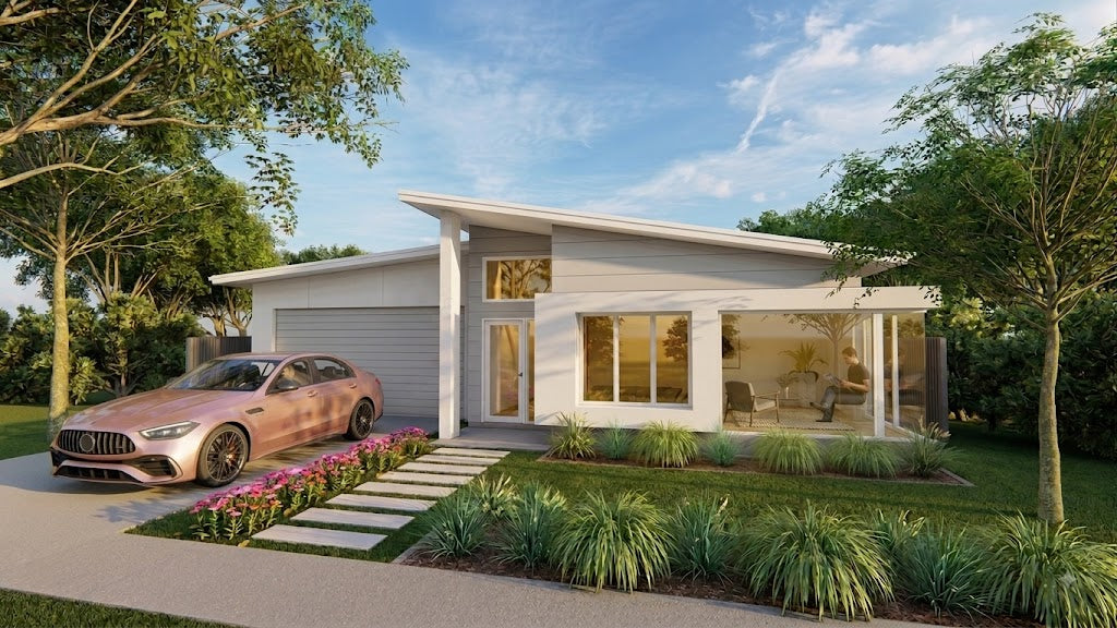 Modern Australian House Design M4028, architectural render showing contemporary exterior with clean lines and stylish features.