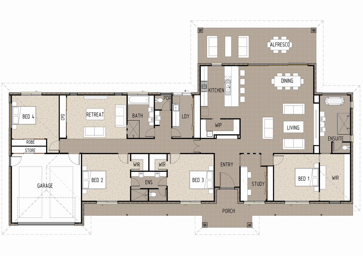 Traditional T4040 floor plan by Australian House Design Group showing detailed layout of rooms and exterior design.