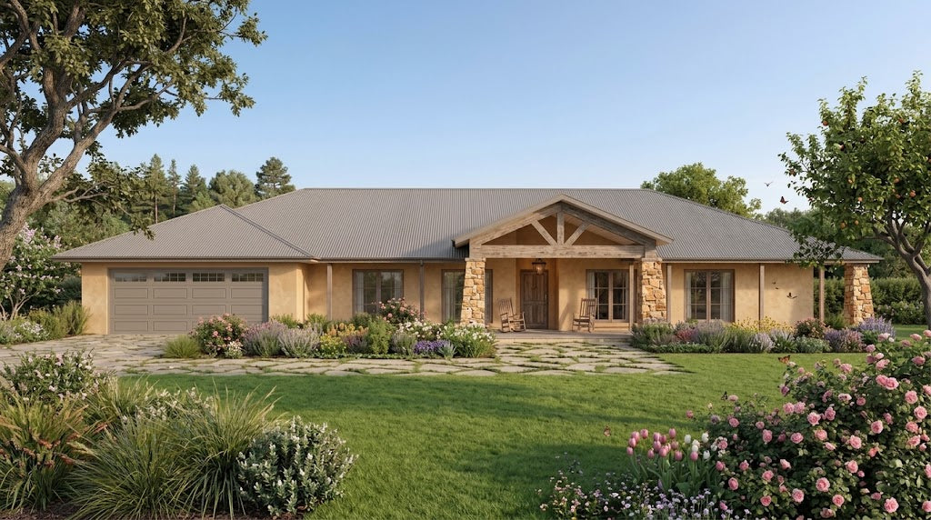 Traditional Australian House Design T5001 exterior with wooden facade, gabled roof, and lush front yard.