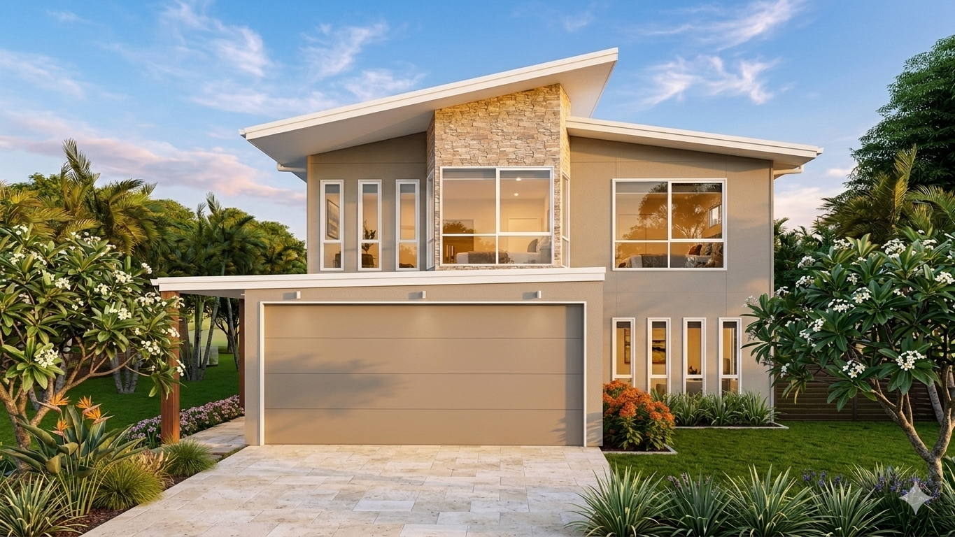 Modern Australian House Design M3005, 3D rendering showcasing contemporary architecture and clean exterior lines.